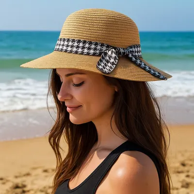Pălărie de plajă damă Tiara, maro cu eșarfă alb-negru, boruri largi, elegantă, ușoară și respirabilă, protecție solară, diametru 38 cm