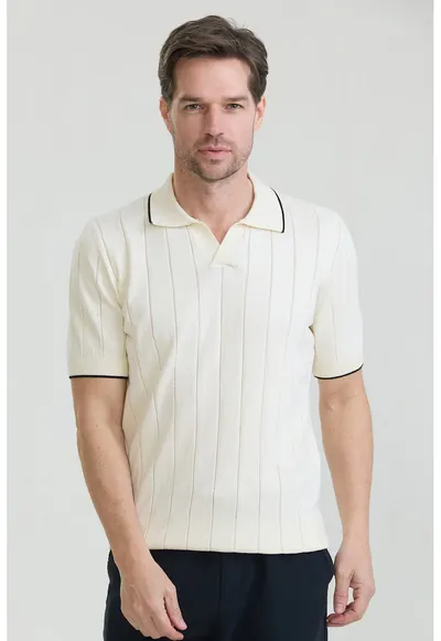 Tricou polo din bumbac cu striatii - Crem