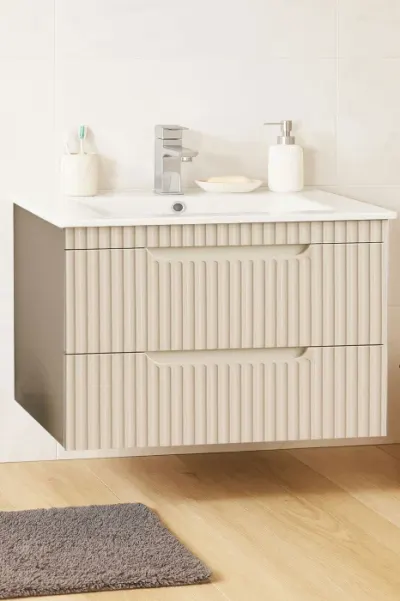 Set Baza front MDF si Lavoar seria 033, suspendata, cu sertare, montata, 80 cm, crem