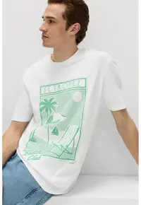 Tricou de bumbac cu decolteu la baza gatului si model grafic - Alb/Verde deschis