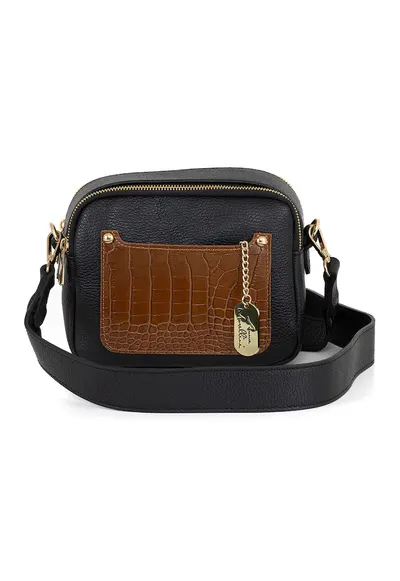 Geanta crossbody de piele cu fermoar - Negru/Maro