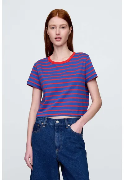 Tricou crop cu model in dungi - Rosu vermillion/Albastru