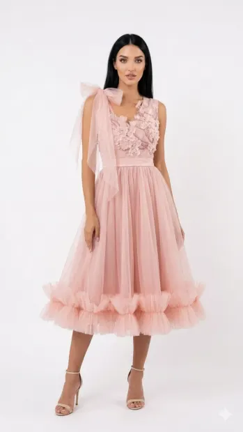 Rochie eleganta midi din tull cu volane si broderie cu perle