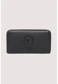 Portofel din piele cu fermoar si model monograma - Negru