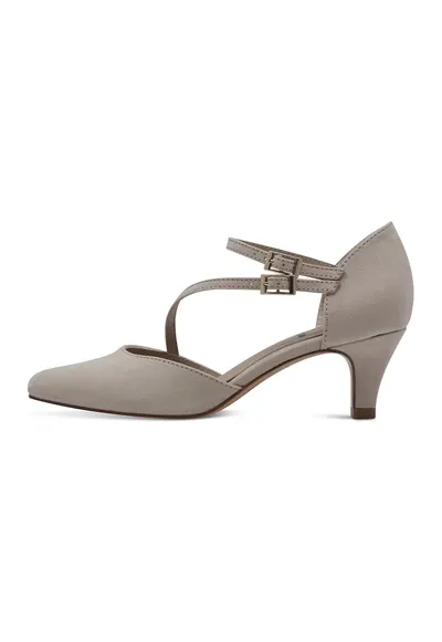 Pantofi din piele ecologica cu toc si catarama - Maro taupe