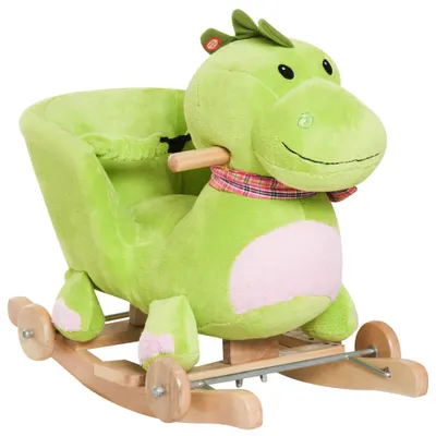 Calut Balansoar cu Roti, Calut Balansoar sub Forma de Dragon pentru Copii 18-36 luni, din Lemn si Plus Verde HOMCOM | Aosom Romania