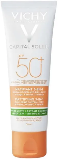 Vichy Capital Soleil Cremă de protecție solară matifiantă și corectoare 3 în 1, SPF50+, 50 ml