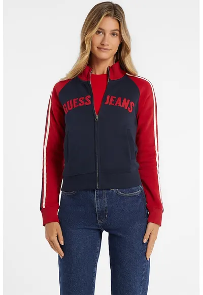 GUESS - Bluza de trening cu fermoar si broderie logo - Rosu/Bleumarin