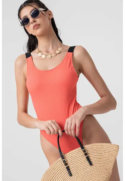 Costum de baie intreg cu barete late - cu logo - Coral