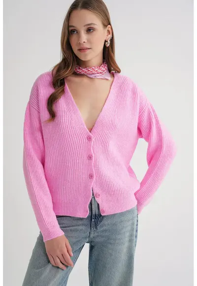 Cardigan - cu nasturi - decolteu in V - roz pudrat - tricot