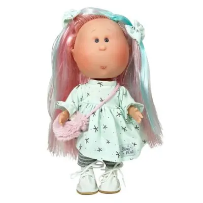 Papusa Nines D Onil, Mia, cu parul roz si suvite verzi, cu articulatii, cu miros de vanilie, 30 cm
