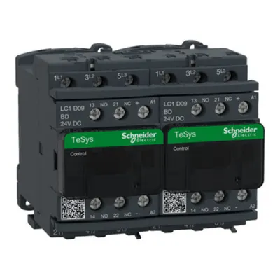 Contactor inversor, TeSys Deca, 3P(3NO), AC-3, <=440V, 9A, bobina 24V CC, cu interblocare mecanica si electrica, terminale cu surub