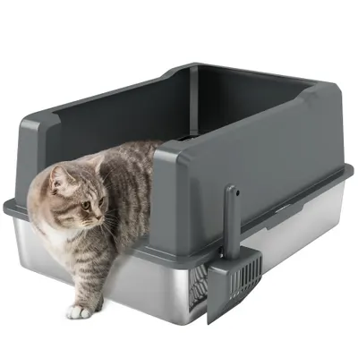 PawHut Lădiță de nisip pentru pisici din oțel inoxidabil 85L capacitate mare, toaletă semi-închisă, 71 x 50,8 x 35,5 cm gri | Aosom Romania