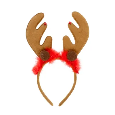 Bentiță pentru Crăciun, ren cu coarne maro și pene roșii, Xmas