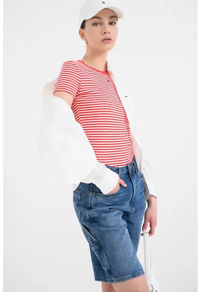 Tricou slim fit striat - Rosu vermillion/Alb murdar