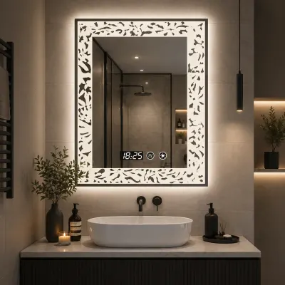 Oglinda LED baie 60x80 cm margini ornamentale iluminare reglabila touch ceas digital