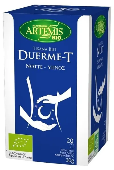 Ceai bio din plante Duerme T pentru somn liniștit, 30 g, 20 pliculețe filtrante, Artemis Bio