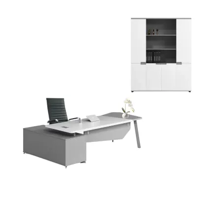 Set Platinia & Prestige - Birou cu dulap lateral si Scaun de birou ergonomic, reglabil din piele ecologica neagra