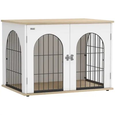 PawHut Cușcă pentru Câine Mobilier Cușcă pentru Câine de Interior Arc cu Ușă Dublă ca Masă Auxiliară din Metal 80x56x59cm Alb | Aosom Romania