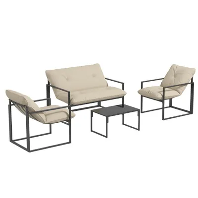 Outsunny Set Mobilier de Exterior cu Masă din Sticlă, Canapea, 2 Fotolii și Perne, Bej | Aosom Romania