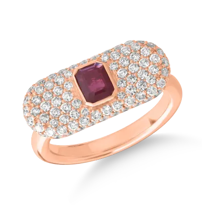 Inel din aur roz cu rubin rectangular de 0.4ct si diamante de 0.9ct