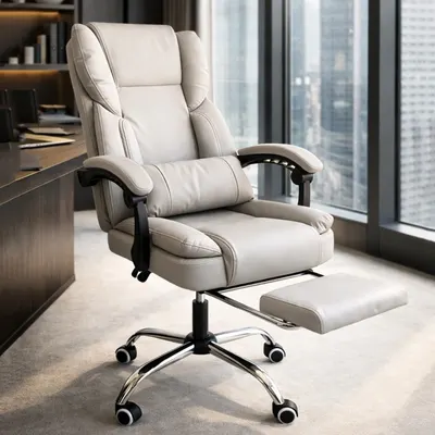 Scaun birou ergonomic skyline, reclinabil 90–155°, suport picioare extensibil, piele ecologică crem, suport lombar, bază metalică, 150 kg, KO51K