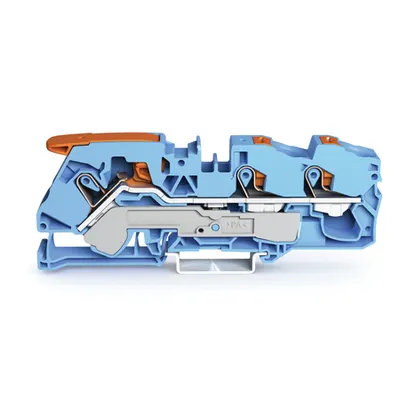 3-conductor through terminal block; with lever and push-button; 16 mm²; with test port; suitable for Ex i applications; side and center marking; for DIN-rail 35 x 15 and 35 x 7.5; Push-in CAGE CLAMP®; 16,00 mm²; blue