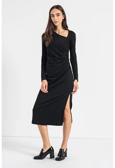 Rochie din jerseu cu aspect stralucitor si detalii drapate Ionico - Negru
