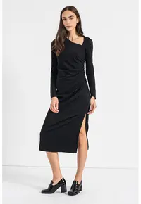 Rochie din jerseu cu aspect stralucitor si detalii drapate Ionico - Negru