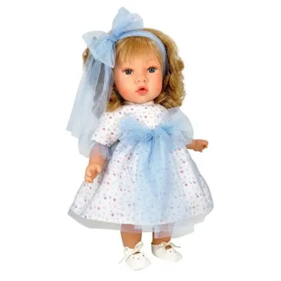 Papusa Nines DOnil, Susette Tul, cu parul blond, cu sunete, cu funda albastra, cu miros de vanilie, 45 cm