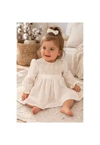 Rochita bebe fetite eleganta ivoire cu dantela maneca lunga din muselina
