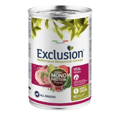 EXCLUSION Mediterraneo Monoprotein Formula, XS-XL, Vițel, conservă hrană umedă monoproteică câini, (pate), 400g