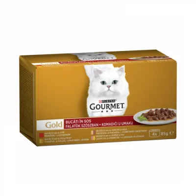 Pachet conserve Gourmet Gold cu curcan rata , vita , pui ficat , somon pui 4 buc x 85 gr