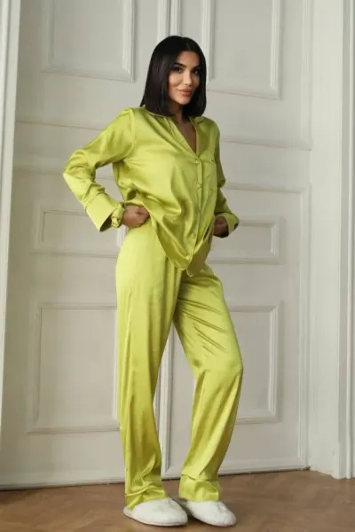 Set pijama dama din doua piese, cu nasturi – 2500004, Verde olive