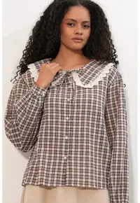 Camasi - camasa din poplin de viscoza cu carouri - multicolor - maneci lungi - detalii cu snur