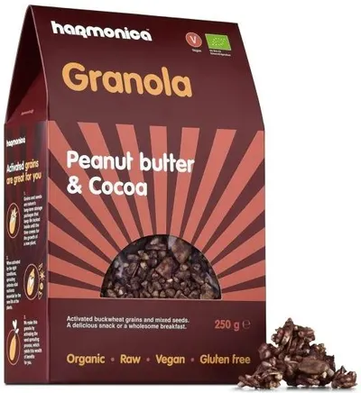 Granola bio cu unt de arahide și cacao, 250 g, Harmonica