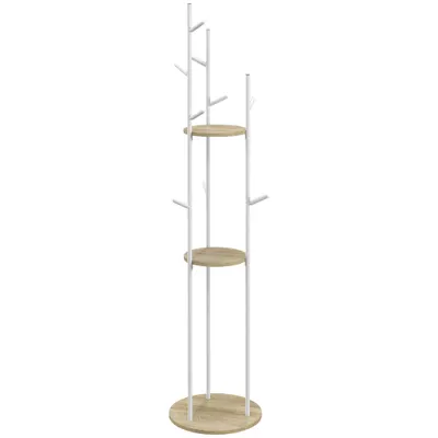 HOMCOM Suport de haine cu 9 agatatori si 2 rafturi rotunde Ø 40 x 167 cm natural si alb | Aosom Romania