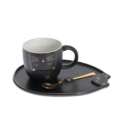 Set ceasca neagra cu farfurie si lingurita, model pisica