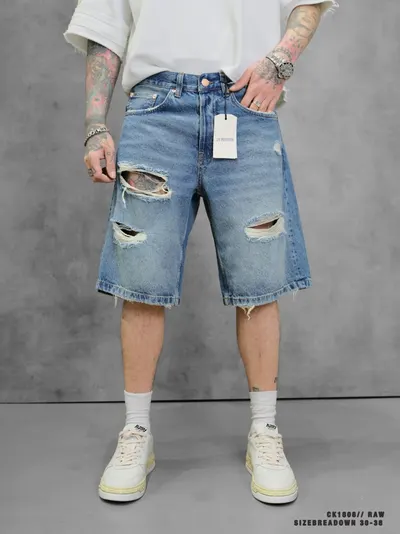 Blugi Scurți Baggy Ripped Denim Light Blue Psas215(1808) (mărime: 30)
