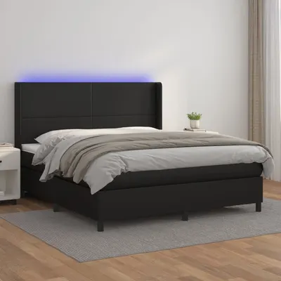 vidaXL Pat cu arcuri, cu saltea și LED, negru, 160x200 cm, piele eco