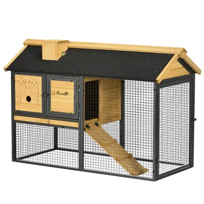 PawHut Cusca de exterior pentru iepuri, cu tava detasabila, curte, rampa, Casa pentru animale mici, 120 x 55.5 x 80 cm | Aosom Romania