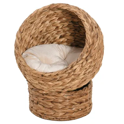 PawHut Patut pentru pisici cu inaltime din zambila de apa si fier cu perna detasabila si lavabila, 50x42x60 cm, maro | Aosom Romania