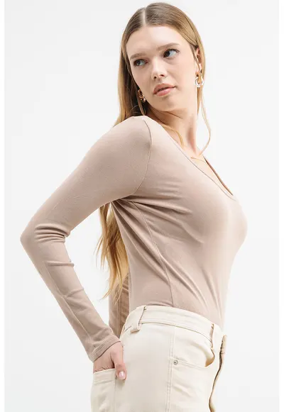 Body slim fit cu maneci lungi - Bej