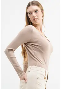 Body slim fit cu maneci lungi - Bej