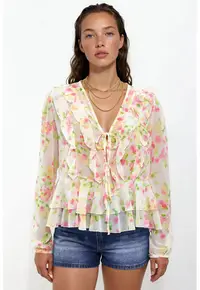 Bluza dama - cu volane - decolteu in V - natural - tul -