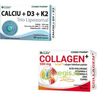 Pachet Calciu+D3+K2 Trio Lipozomal 30cps + Colagen Hidrolizat Peptide (Collagen+Fortigel ® B) 500mg 30cps