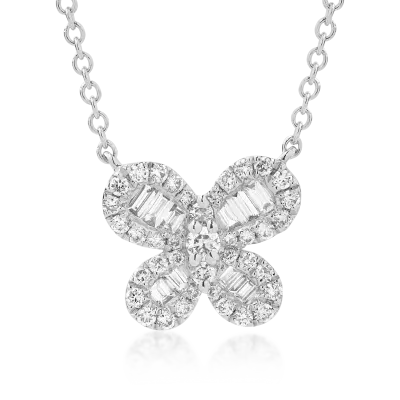 Lant cu pandantiv fluture din aur alb cu diamante de 0.45ct
