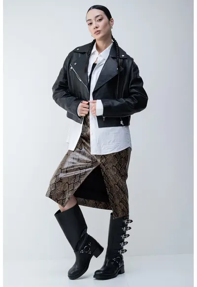 Fusta midi cu model reptila - Negru/Maro deschis