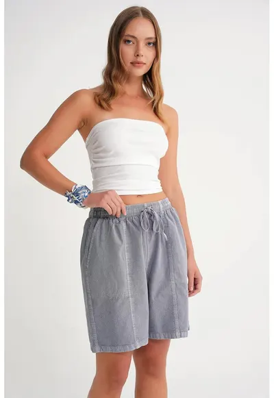 Pantaloni scurti dama - mini din bumbac - talie inalta - gri ardezie