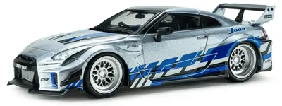 Model de colecție SOLIDO Modern: Automobile - Nissan GT-R (R35) Liberty Walk Silhouette, Silver and Blue Stripes, 2020